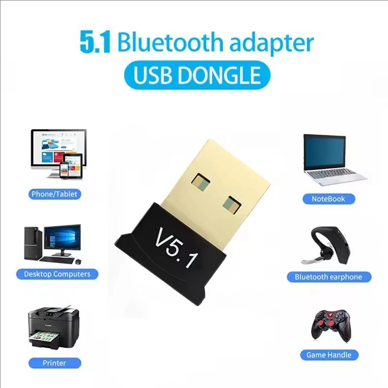 USB Bluetooth 5.1 adapter suitable for PC, laptop, mouse, keyboard, tablet printer, game speaker, wireless transmission receiver
