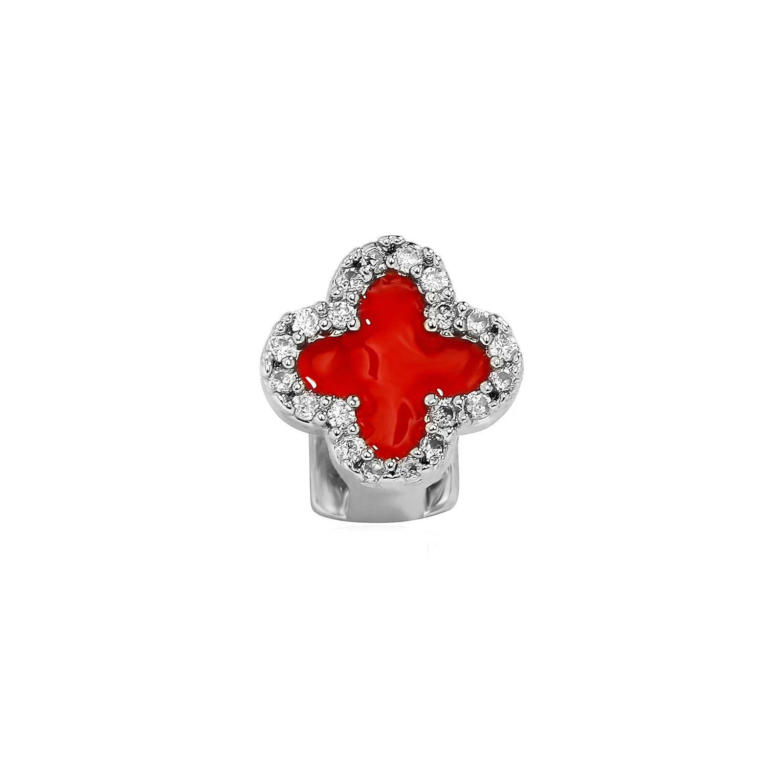 Single Tooth Grillz Four Leaf Clover Red Enamel CZ Diamond Gold Plated Silver Hip Hop Rapper Teeth Grills Wholesale Jewelry
