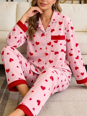 Women's home sleepwear set, heart-shaped printed sleepwear set, comfortable long sleeved top and pants