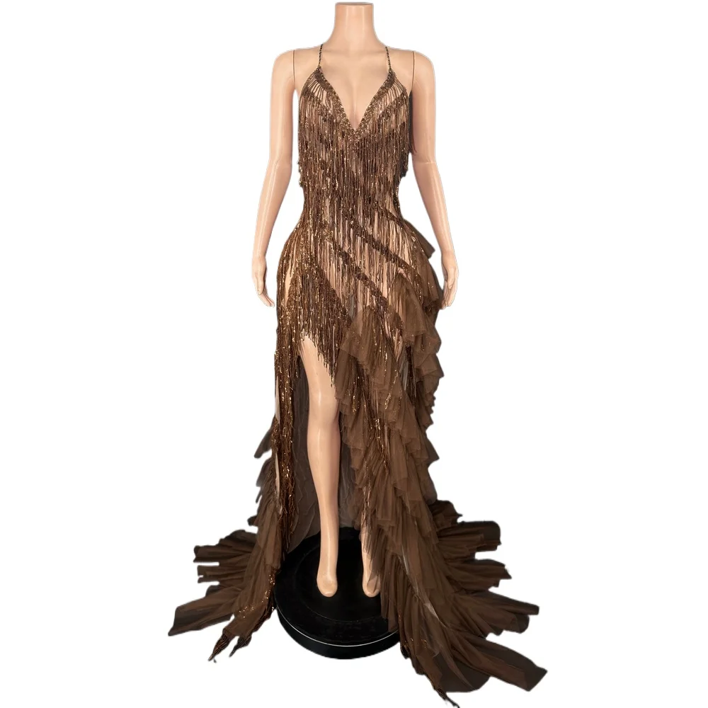 

Sparkly Rhinestones Tassel Sheer Dress for Women Sexy V Neck Birthday Celebrate Event Outfit Singer Show Wear Photo Shoot Dress