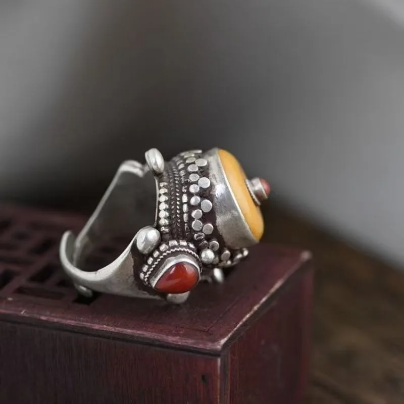 High end inlaid ring with silver and adjustable opening for couples, ethnic style retro ring, exquisite gift