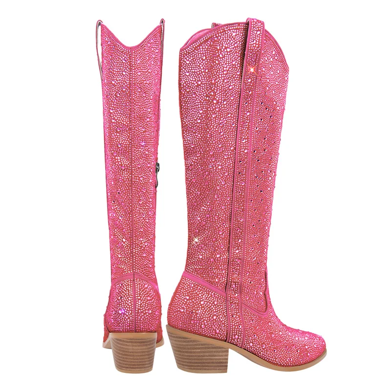 Onlymaker Women Rhinestone Boots Pink Knee High Boots Glitter Bling Shiny Pointed Toe Block Heel Western Cowgilr Boots