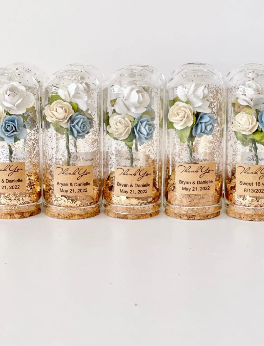 10pcs Personalized Wedding Bottle Favors, Rustic Baby Shower Tag, Custom Thank You, White Blue Ivory Rose in Dome Glass