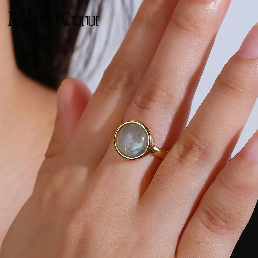 Mankuu Fashion Adjustable Gold Plated Natural Healing Crystal Stone 10mm Labradorite Gemstone Rings Jewelry For Women Gifts
