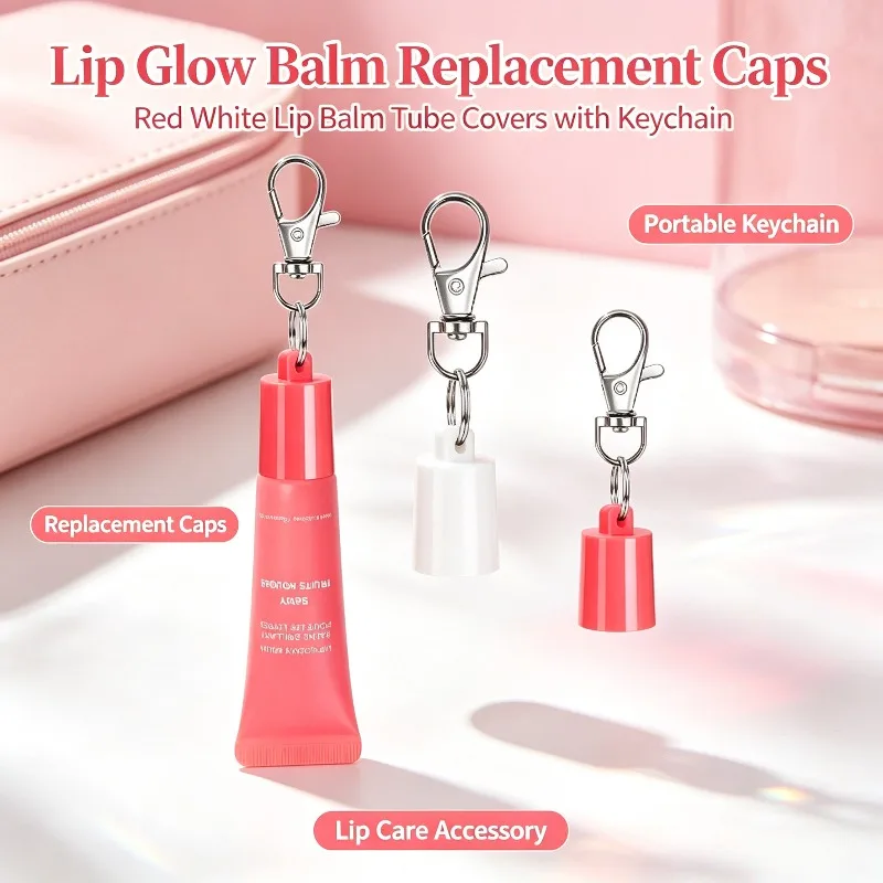 4 PCS Laneige Lip Glowy Balm Replacement Cap, Red White Lip Balm Tube Lid With Keychain For Laneige Lip Glowy Balm Portable