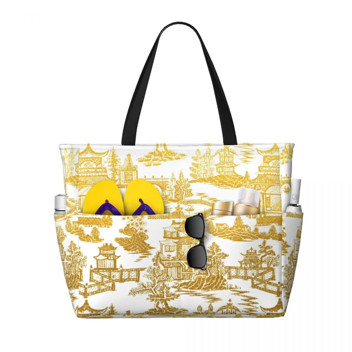 

Custom Golden Pagoda Chinoiserie Beach Tote Bag Women Vintage Oriental Willow Pattern Big Compartment Beach Gym Travel Bags