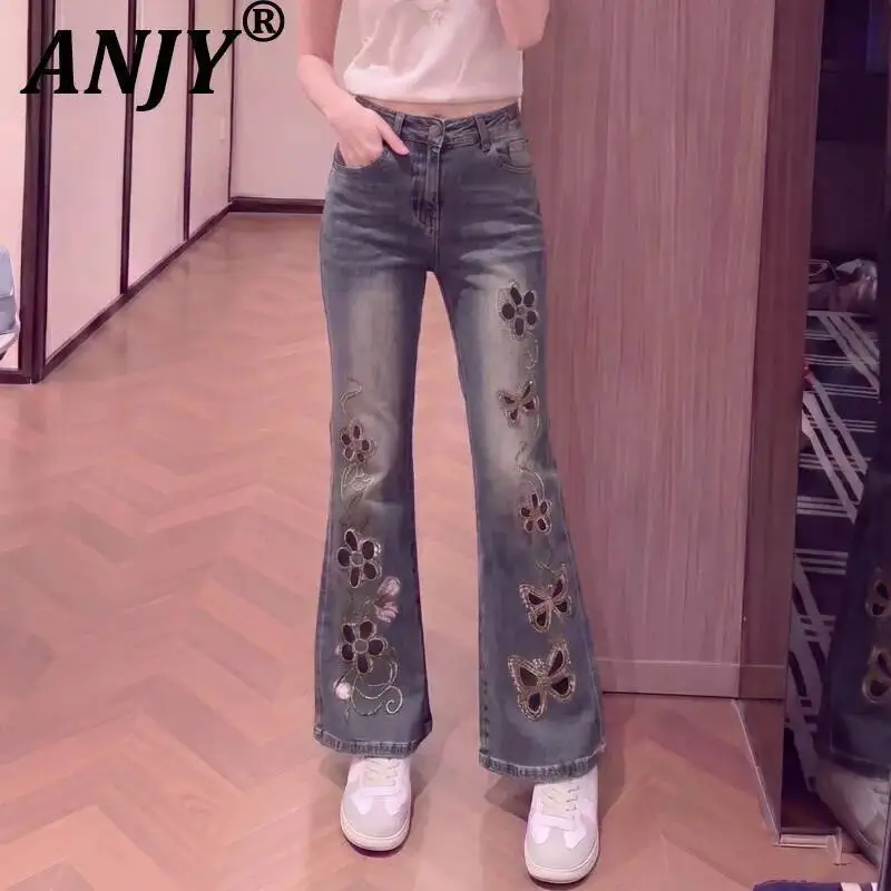 

ANJY Spring Autumn New Women Stylish Hollow Out Embroidered Diamonds Bootcut Jeans Trend High Street Slim Fit Denim Pants A23815