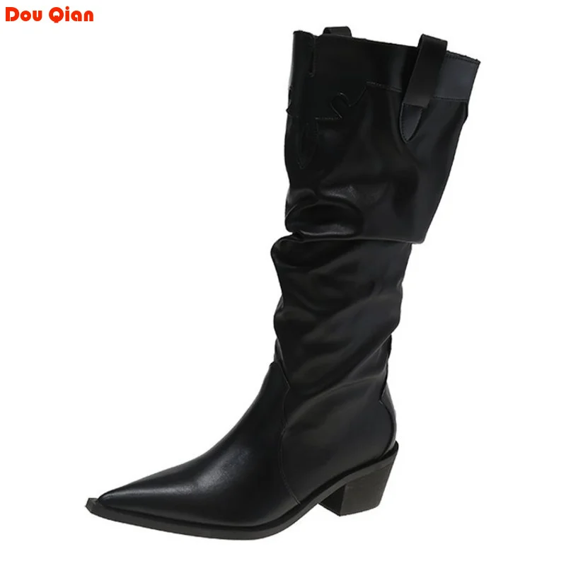 

Pointy Western Cowboy Snow Female Thigh High Boots Women 2024 Autumn Winter Korean Version Pleated Knee Thick Heel Knight Shoes