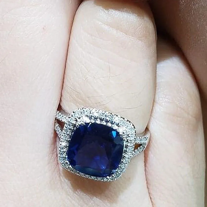 Classic Female Rings 925 Sterling Silver Square Blue Zircon Finger Rings for Women Geometric Cubic Zircon Crystal Party Jewelry