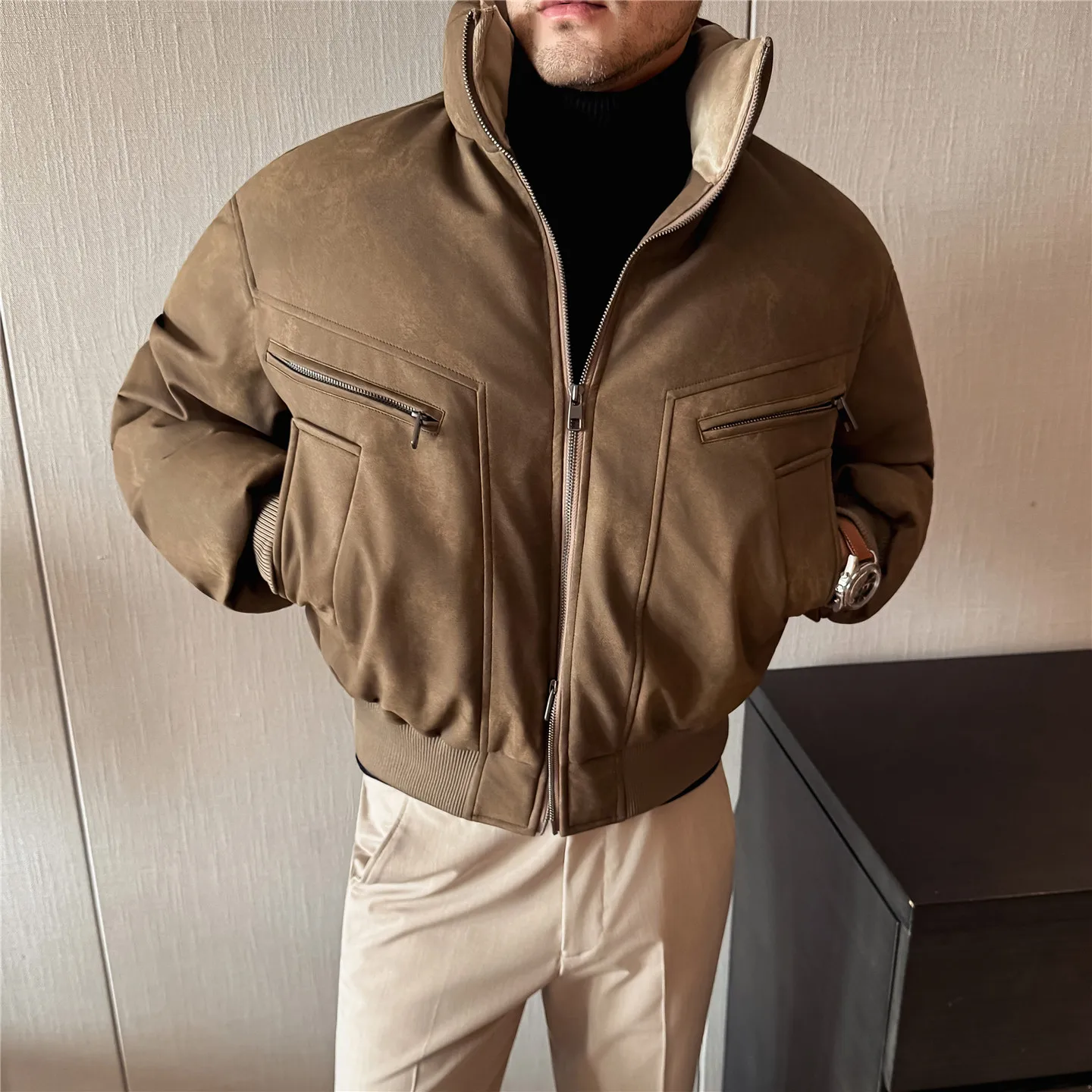 

Autumn Winter Suede Warm Thick Cotton Jacket Men's Short Stand Up Collar Zipper Parkas Men Windproof Outdoor Streetwear Coat