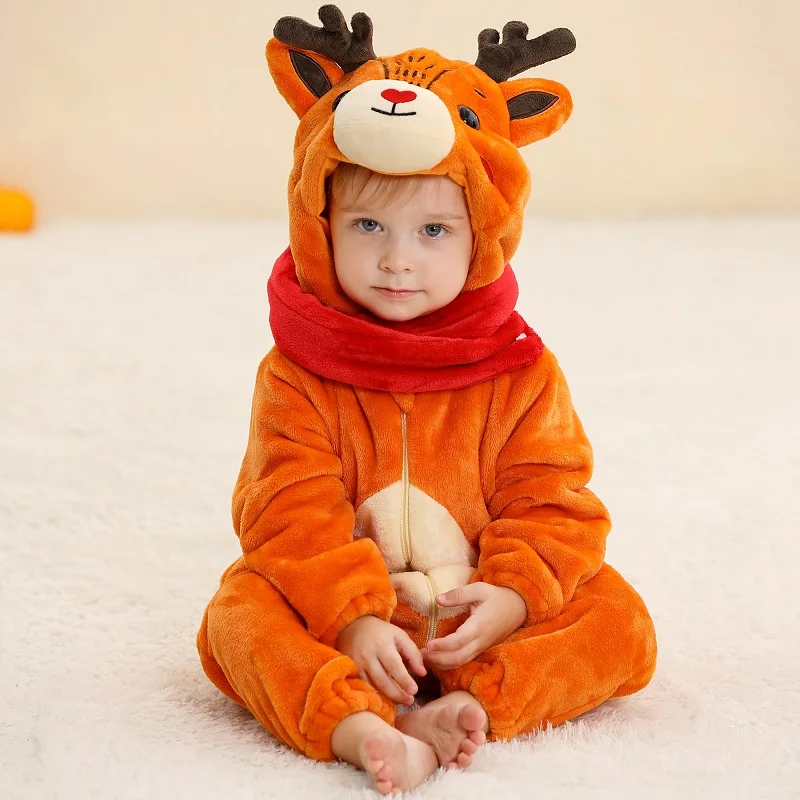 

MICHLEY Christmas Elk Baby Rompers Winter Hooded Flannel Toddler Infant Clothes Overall Bodysuits Jumpsuit Costume For Kids