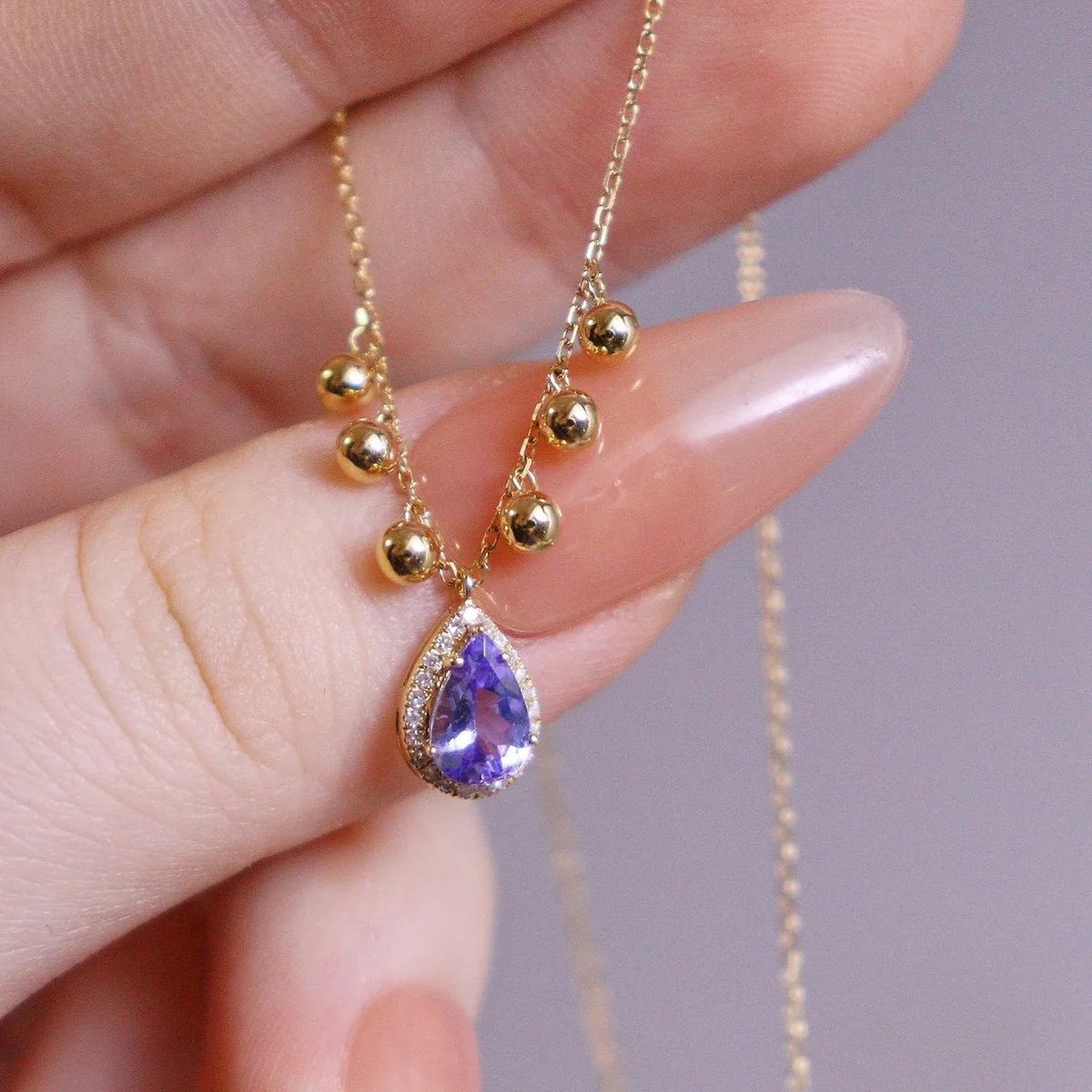 

Fashion Trendy 925 Sterling Silver Teardrop Purple Stone Gold Bead Chain Necklace Synthetic Tanzanite Pendant Choker Ins Jewelry