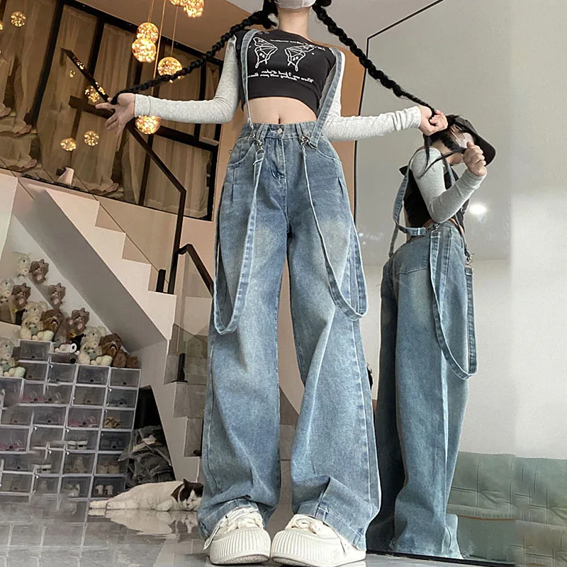 

New Retro Women's Denim Overalls, Spring Autumn High-waisted Straight-leg Jeans, Female Casual Loose, Drape Wide-leg Trousers