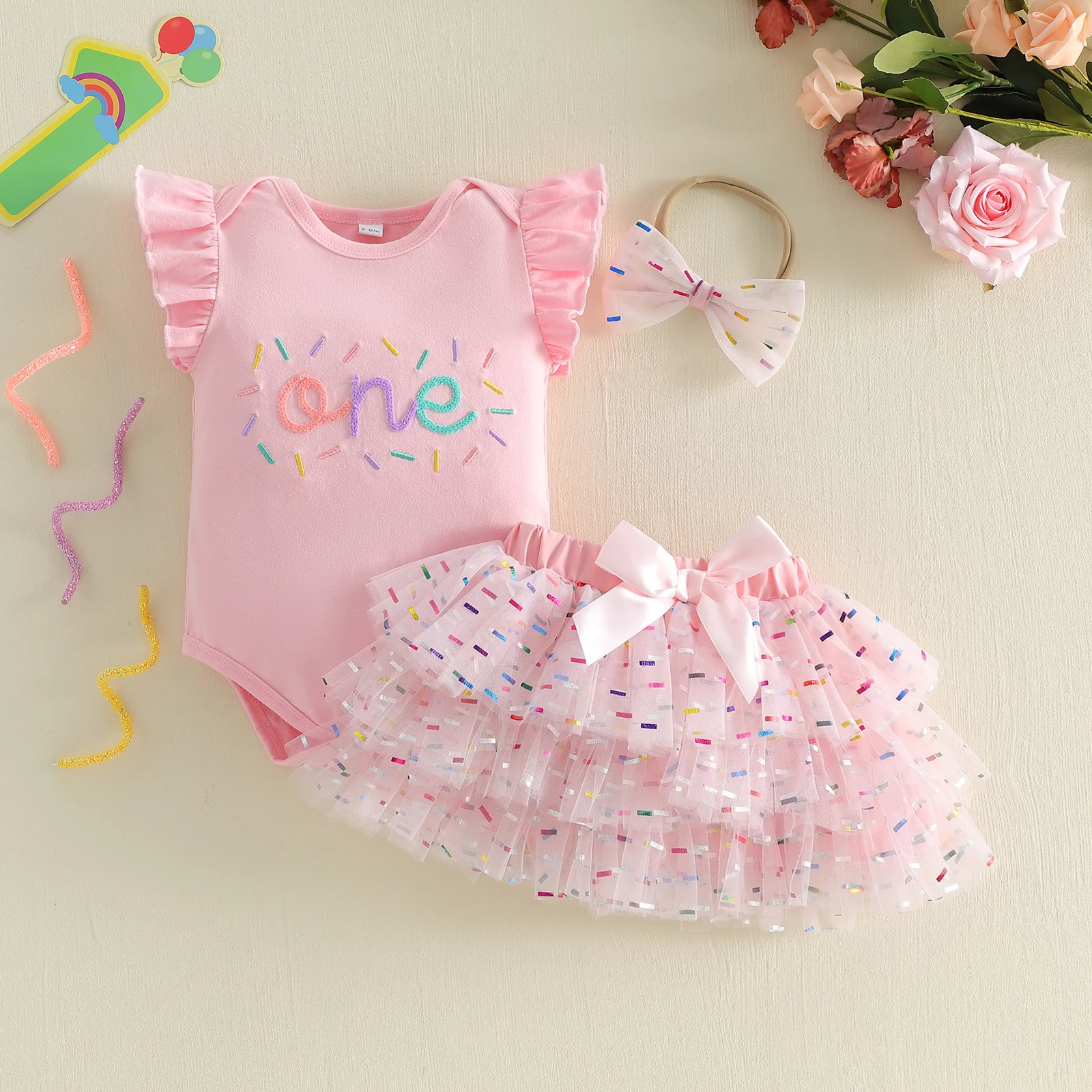 Baby Girl First Birthday Outfit Letter Flying Sleeve Romper Tulle Mesh Skirt Bow Headband 3 Piece Summer Girls Clothes Set