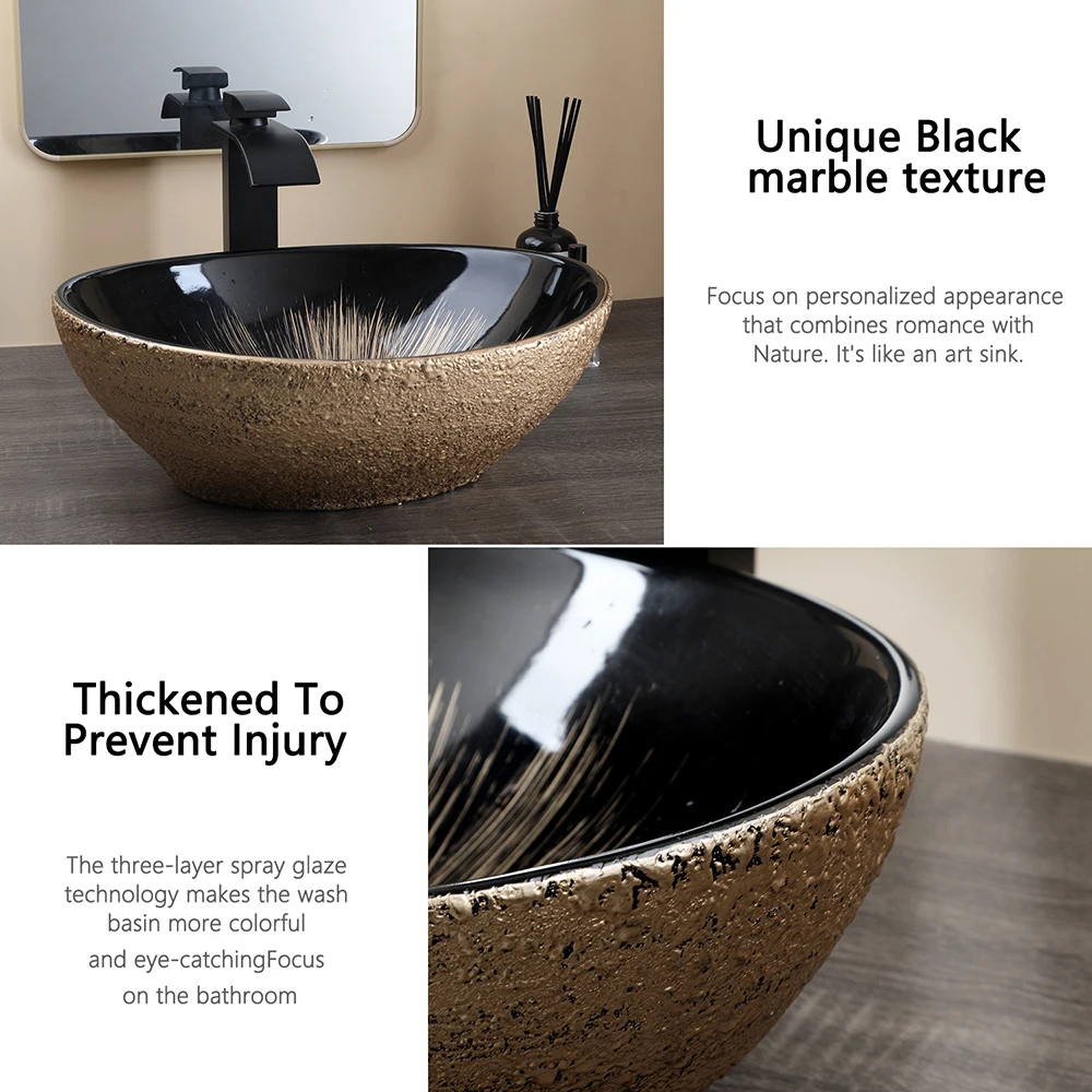 Torayvino Art Oval Ceramic Bathroom Basin Above Counter Vessel Vainty with Black Waterfall Mixer Faucet Pop-up Drain Combo Kit