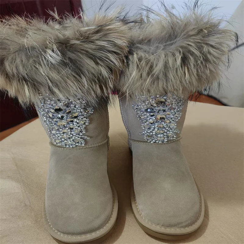 Natural fur rhinestone accessories Snow boots Handmade custom fur one banquet party casual women's cotton shoes 35-44