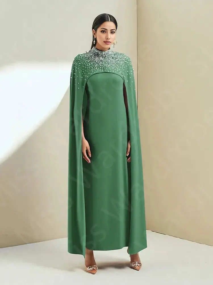 Customized Classic Green Mother Dresses Arabic Mother of the Bride Gowns with Cape High Neck Wedding Guest Dresses 2024 Beaded