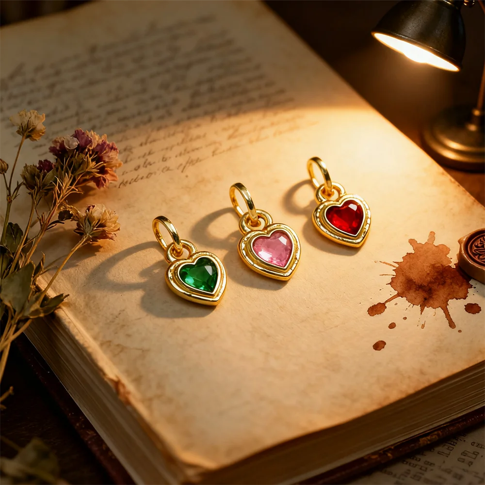 

4Pcs Pendants Brass Heart Charms Colorful Cubic Zircon Mini Geometric Style for Diy Jewelry Necklace Bracelet Making Accessories