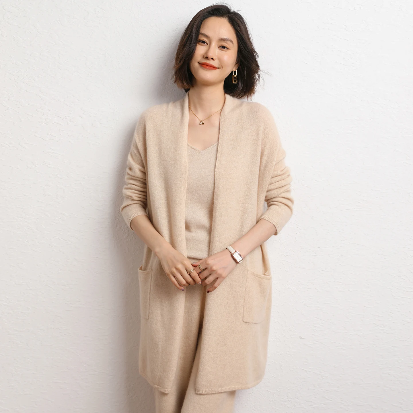 

Fashion Women's Cashmere Cardigan Coats Autumn Winter Soft Warm Mid-Length 100% Cashmere Sweater Casual Loose Knitwear Tops