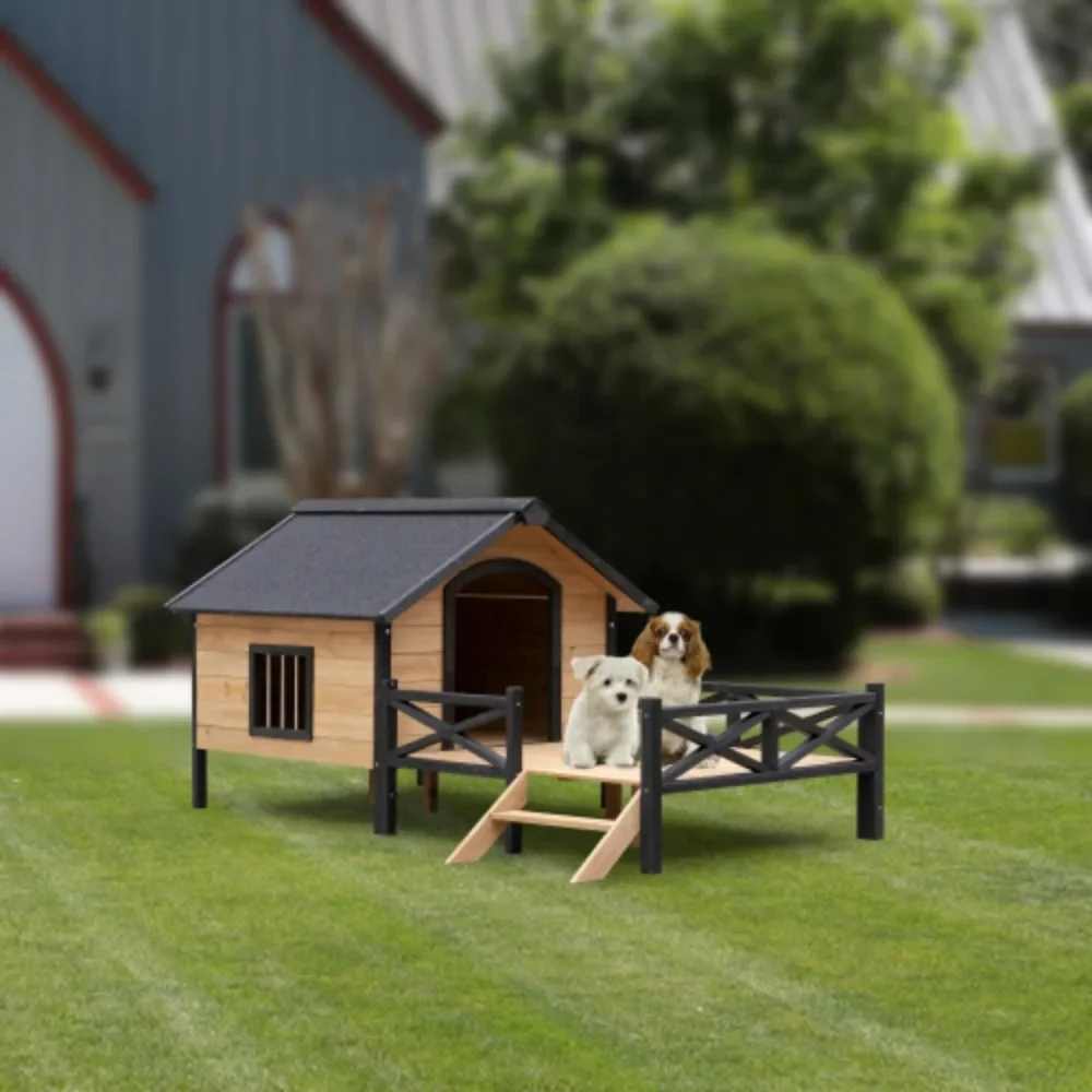 Outdoor Large Cabin Style Wooden Kennel With Porch Waterproof Dog House Pet Furniture