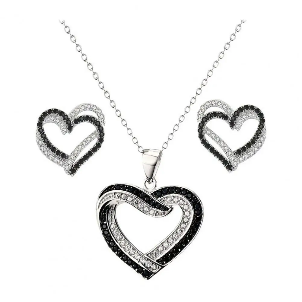 Heart Charm Jewelry Overlapping Hearts Jewelry Set with Black White Rhinestone Necklace Double Heart Pendant for Weddings