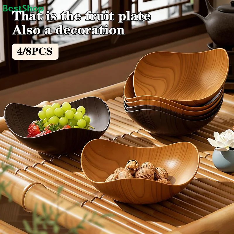 Large Size Wood Grain Plastic Bowls Convenient for Salad Fruit Candy Multipurpose Use for Events Home 4/8PCS
