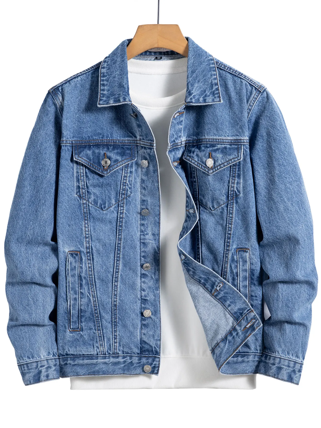 

Pop Men's Blue Denim Jacket For Spring And Autumn. Multi-pocket Design. Regular Size With A Stylish Street Casual Style.