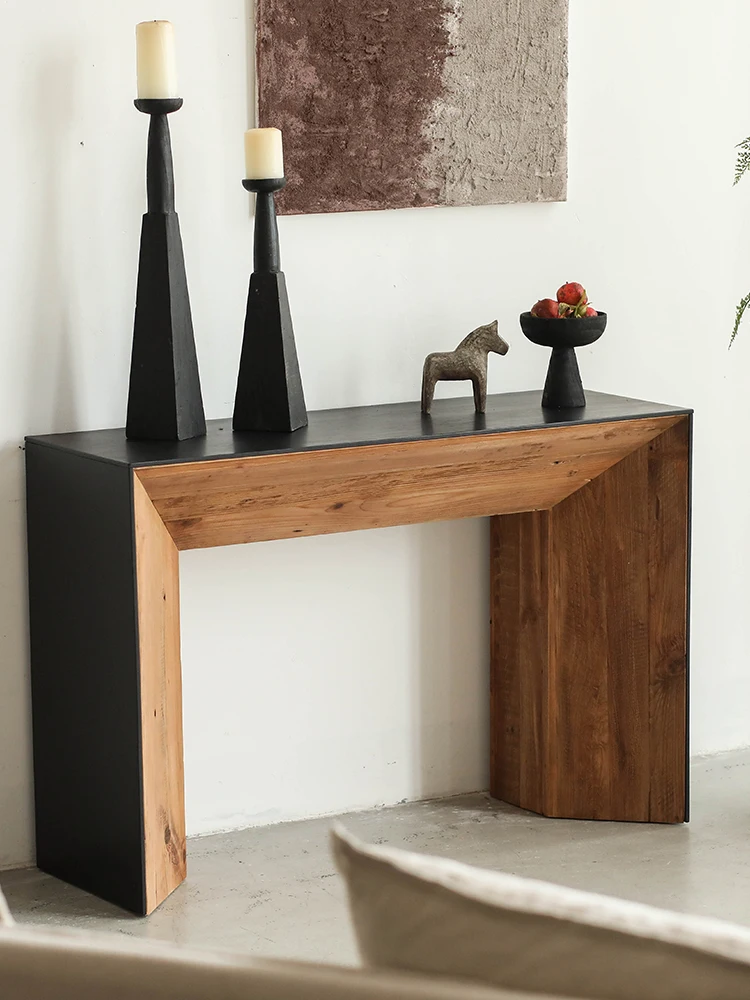 

Black solid wood foyer cabinet made of old pine wood and oak veneer, living room fireplace of homestay, retro antique furniture