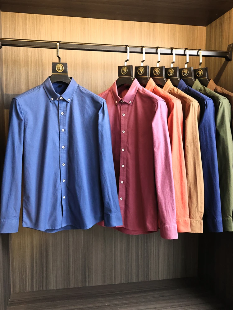 

Мужская хлопковая рубашка с длинным рукавом, однотонная, деловая, повседневная, дышащая, с отложным воротником, мягкая, приятная для кожи, осенняя мода