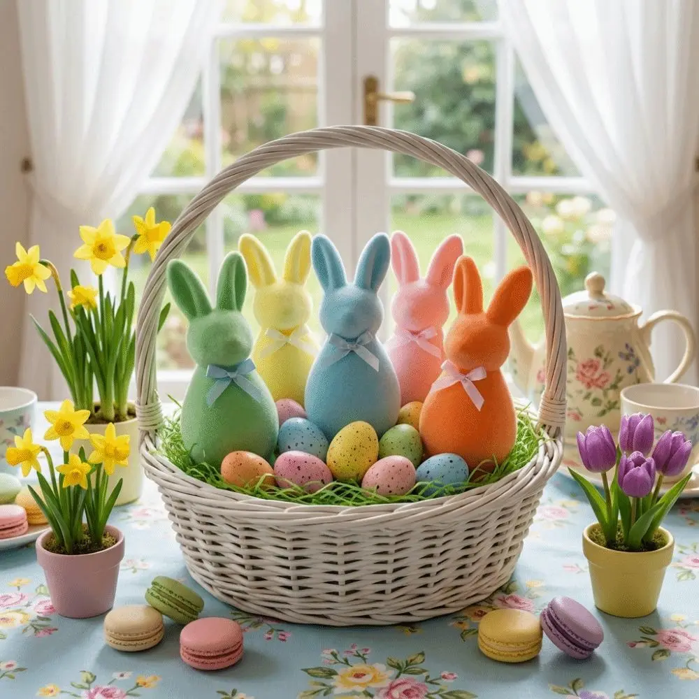 Handmade Foam Flocked Rabbit Figures with Bow Solid Color Bunny Sculpture 3D Standing Easter Bunny Statue Party Favors