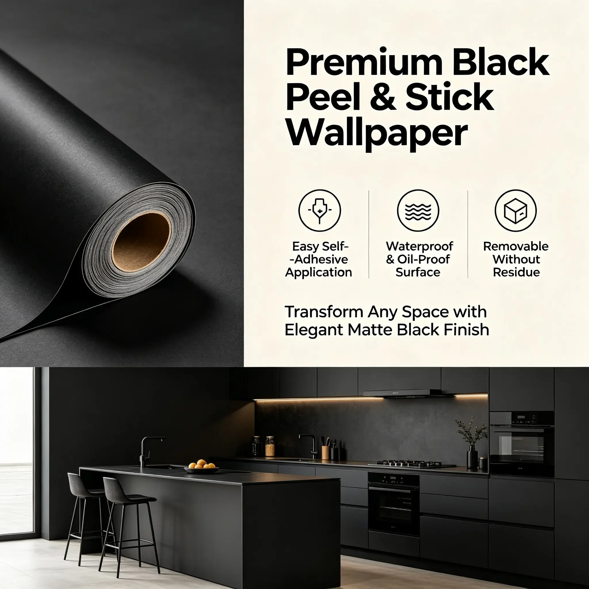 

55cm Width Black Matte Vinyl Contact Paper Self-Adhesive Waterproof Wallpaper for Living Room Furniture Home Decor Renovation