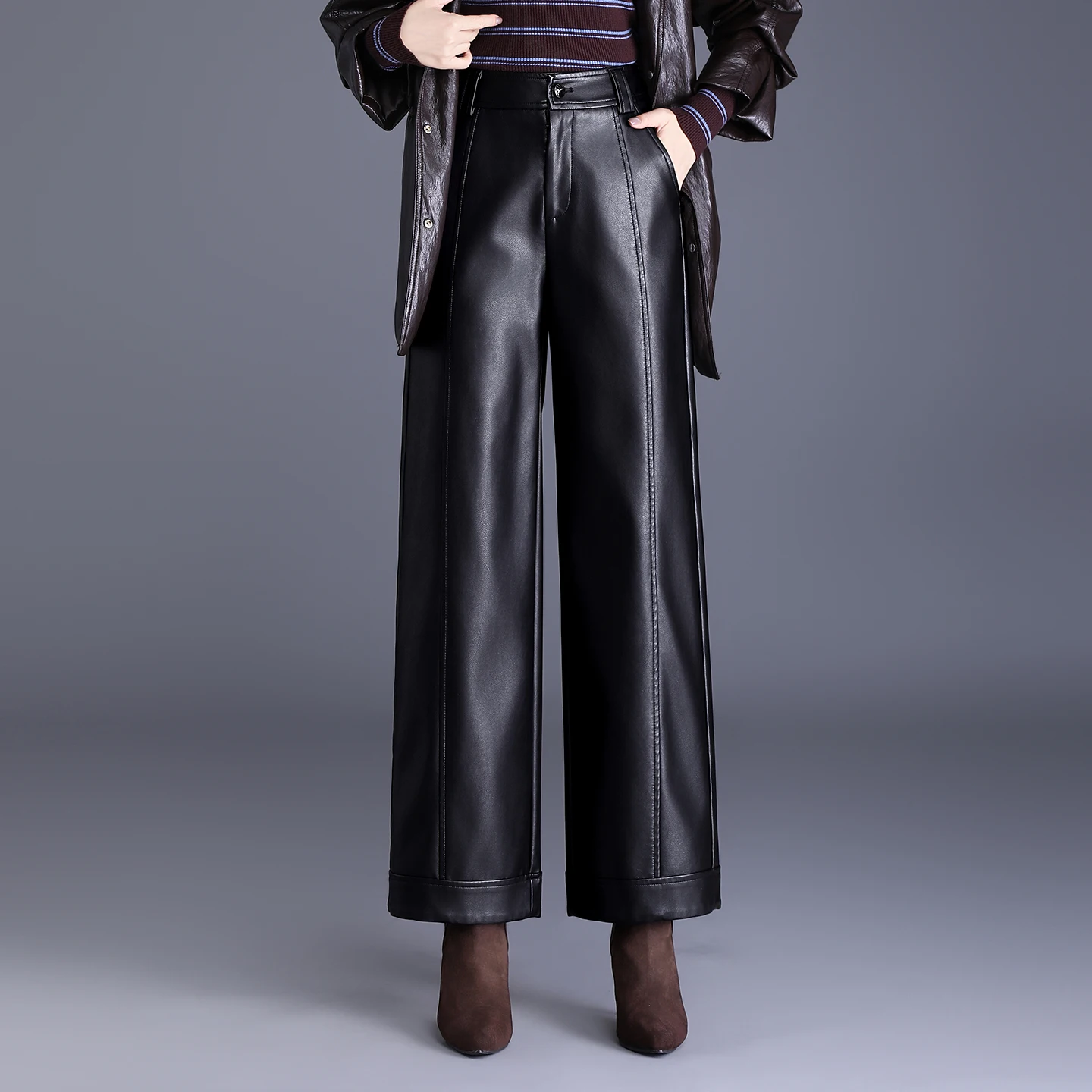 ZUZK Winter Pu Leather Pants New Elastic Waist Straight Pants PU Leather Trousers Large Size Fashion Warm Long Pants