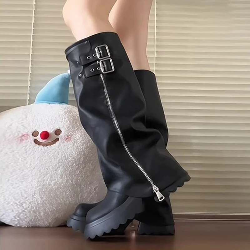 Punk Style Splicing Thick Bottom Women Knee-High Boots Fashion Zipper Female Pleated Knight Long Booties Shoes - view 2