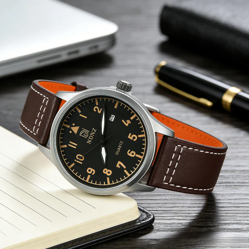 NDNZ vintage Casual Men's Watch, Brown Leather Strap, Business Men's Watch, Pilot Quartz Watch