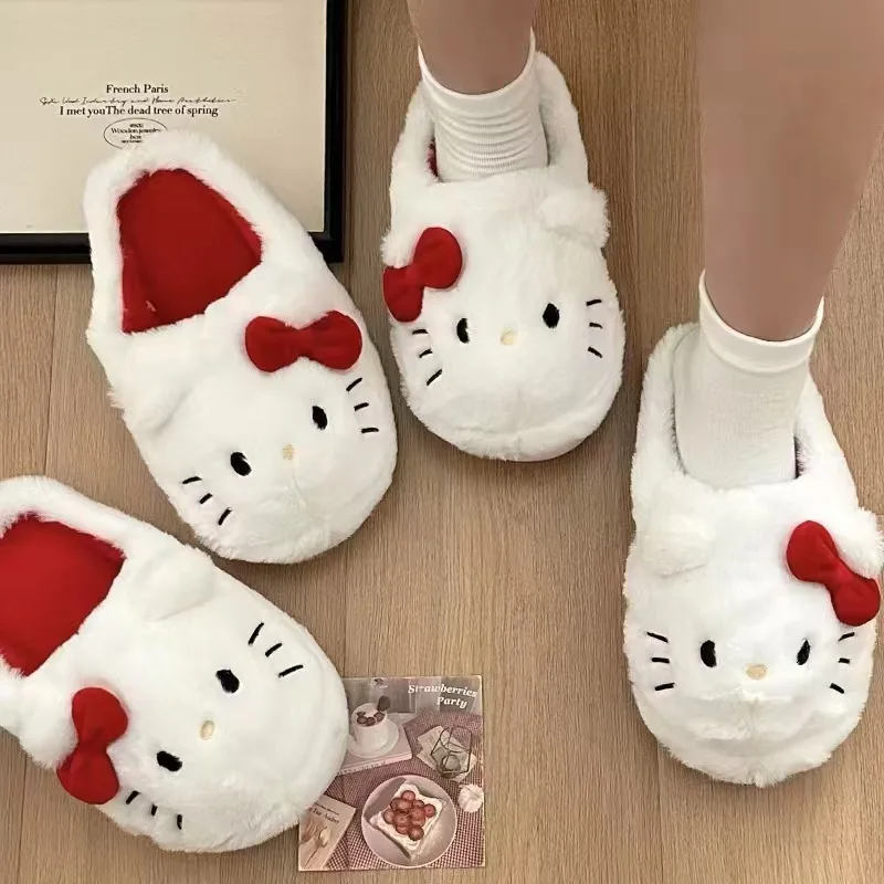 Sanrio Kawaii Plush Slippers Hello Kittys Cute Student Autumn Winter Bedroom Soft Padded Plush Bedroom Aldult Shoes Girls Xmas