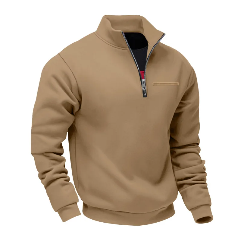 Amerikanischer Herbst- und Winter-Herrenpullover aus schwerem Fleece mit langen Ärmeln, halbem Reißverschluss, lockerem Schnitt und Stehkragen – Detail 36