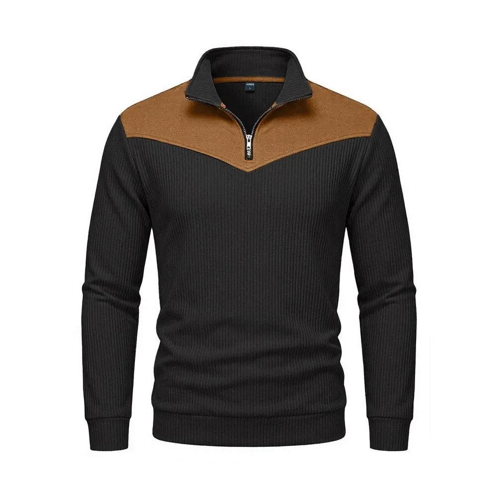 Men Long Sleeve Turn Down Collar Zipper Sweatshirt in Corduroy Suede Patchwork Fabric Navy Black Green Khaki Gray
