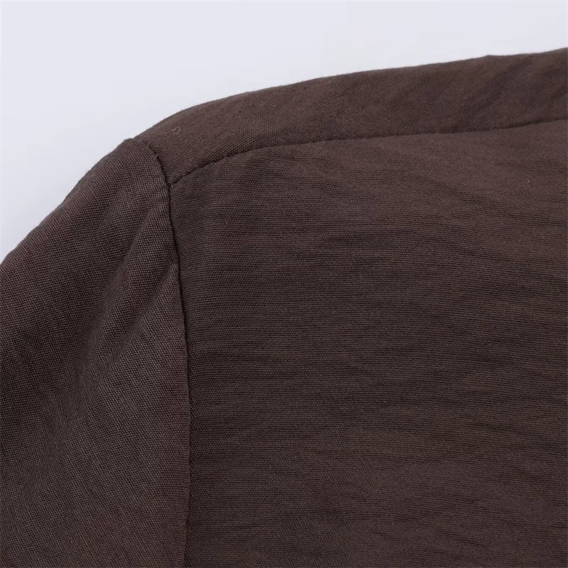 2025 Autumn New Women's Clothing, textured trim shirt, brown tones, sequin lapel, patch pocket design.