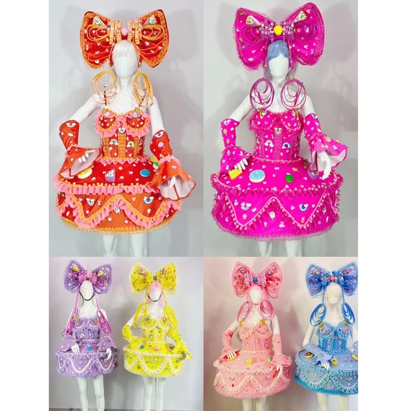 Nuevos trajes de actuación escénica de cantante femenina, tocado con lazo grande, vestido de pastel de caramelo, disfraces de actuación, trajes de fiesta Rave