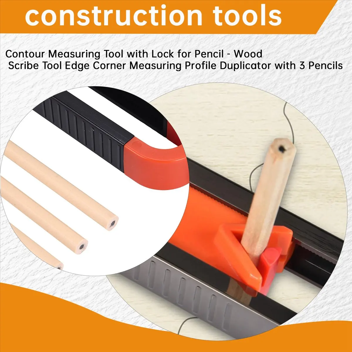 A89X Contour Measuring Tool with Lock for Pencil - Wood Scribe Tool Edge Corner Measuring Profile Duplicator with 3 Pencils