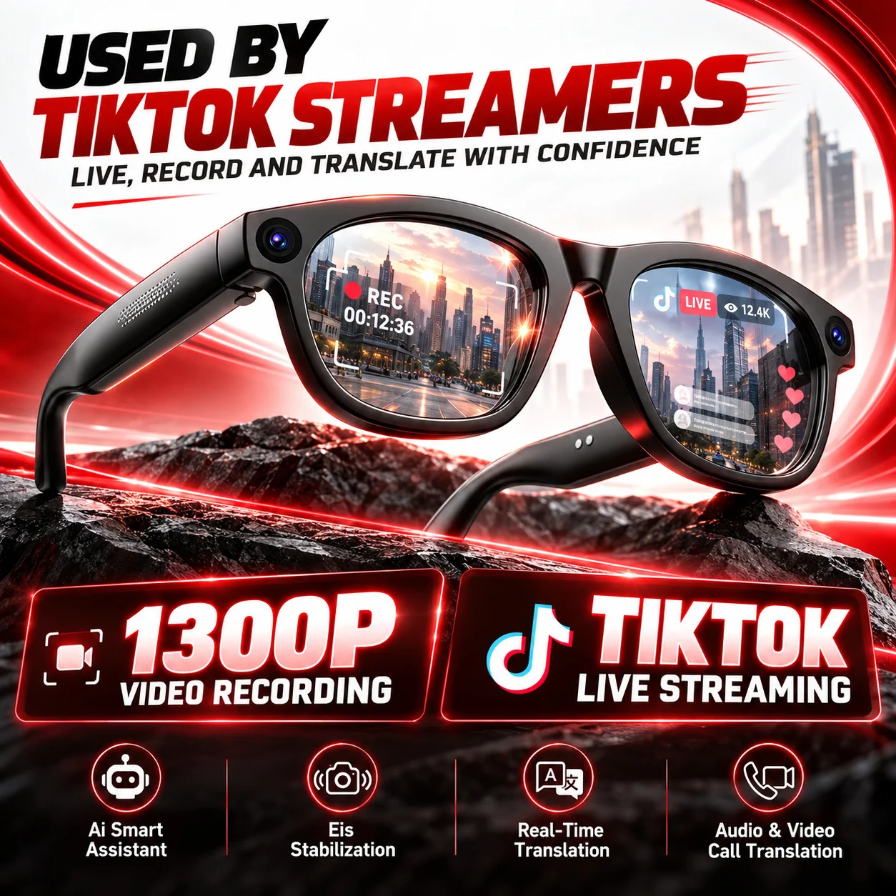New AI Smart Glasses With 13MP Camera For POV Live Streaming Voice Assistant Object Recognition Video Recording And Translation