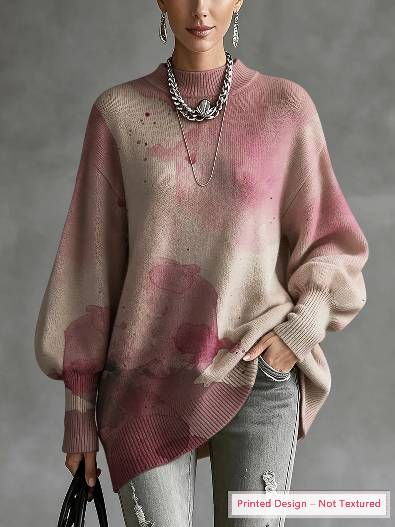 Women's Autumn and Winter Tops, Pink Tie-Dye Style Pattern, Irregular Hem, Lantern Sleeves, Thin Pullover Sweater