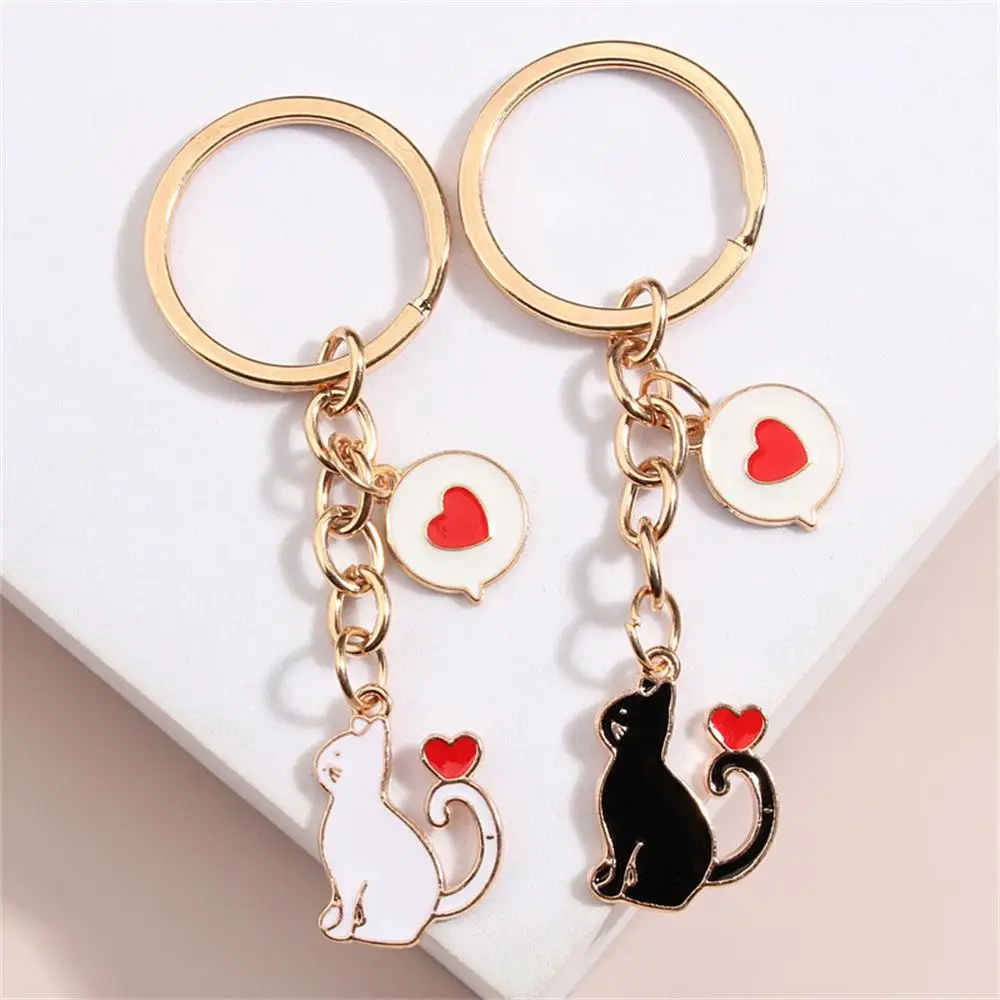 Cartoon Black White Cat Keychain Colorful Balloon Red Heart Keyring for Women Girls Handbag Backpack Pendant Ornaments Gifts