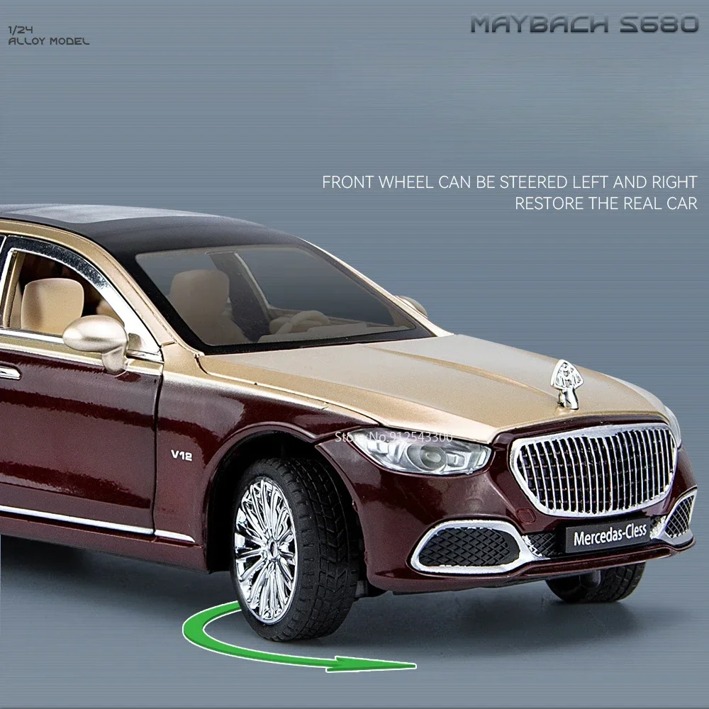 Modelo de coche Maybach S680, escala 1:24, puertas de juguete que se pueden abrir, luz de sonido, extraíble, simulación fundida, colección de niños, regalos de decoración