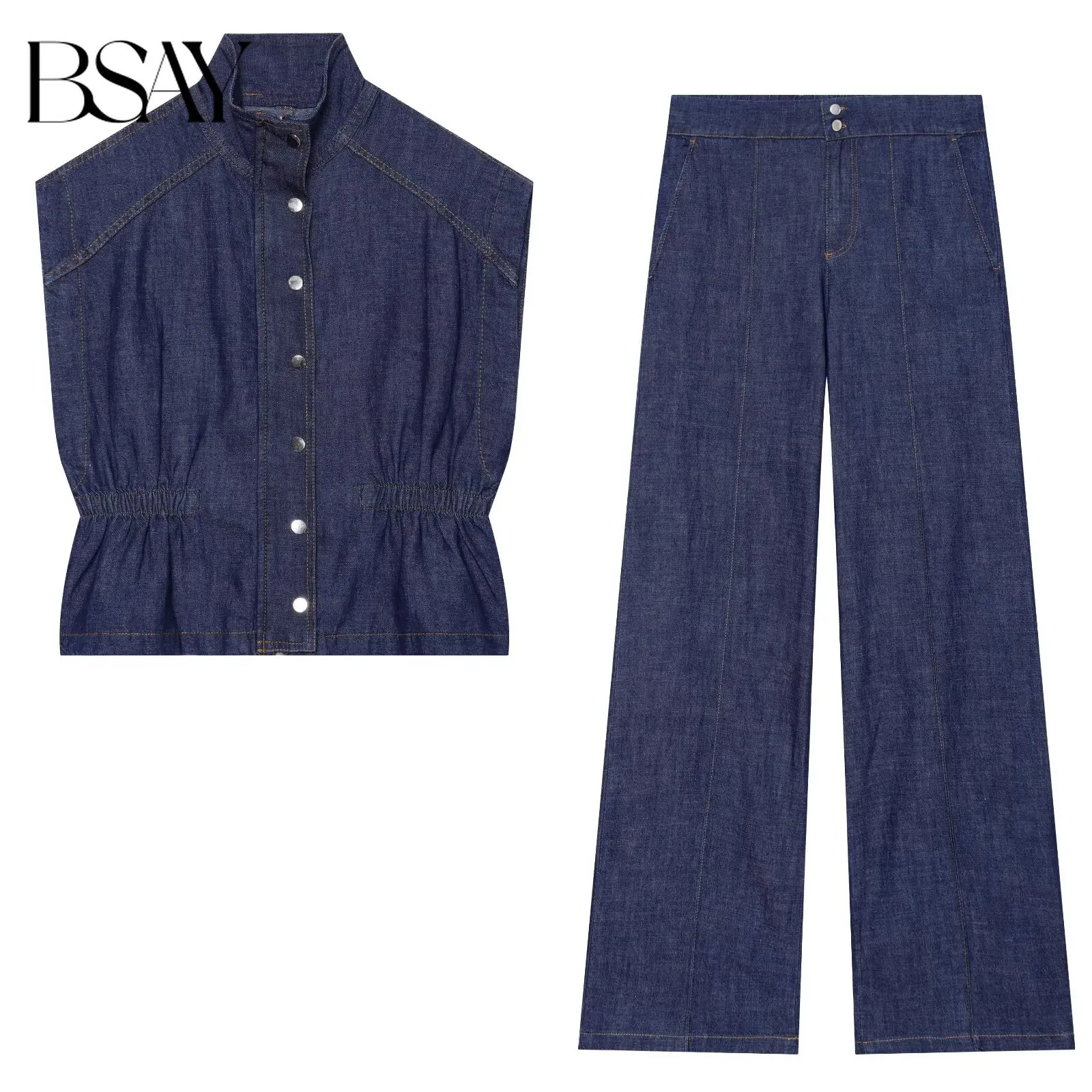 

BSAY Denim Matching Two Piece Set Stand Neck Sleeveless Ruched Waist Crop Blouse High Rise Wide Leg Long Pants Casual Outfits