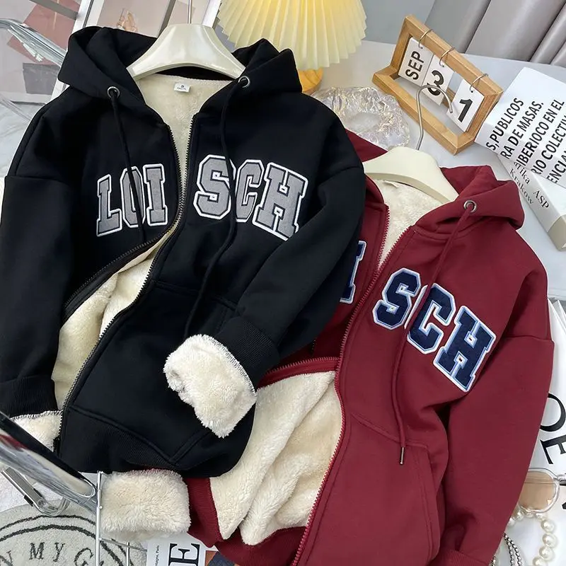 

Зимние женские теплые толстовки-куртки с капюшоном, прямые удлиненные пальто на молнии с буквенным принтом, полиэстер