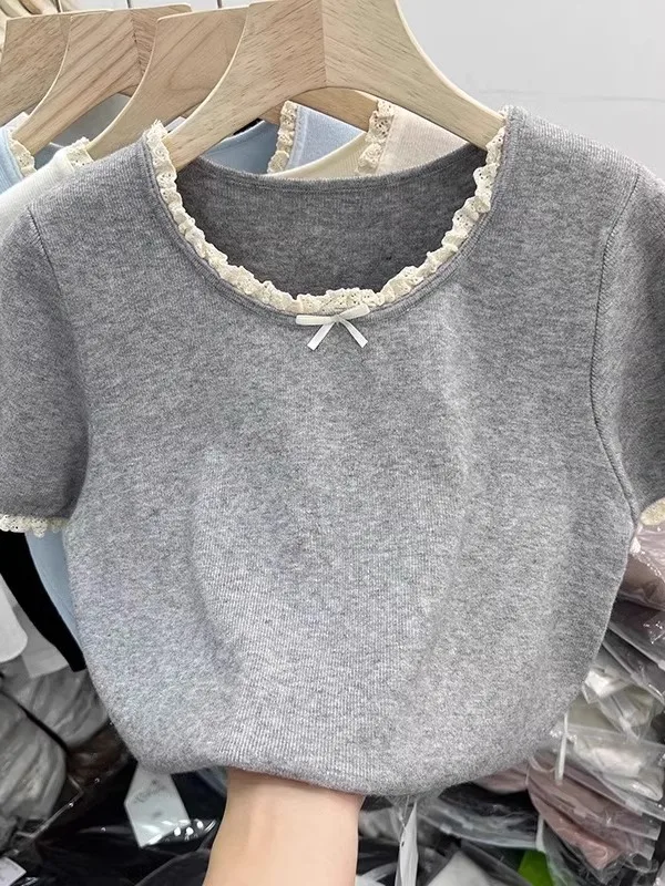 

Summer 2025 Women's Lace Trim Splice ort Sve Knitted irt Inner Wear Base irt High-End ey Top Korean Sle Slim Fit