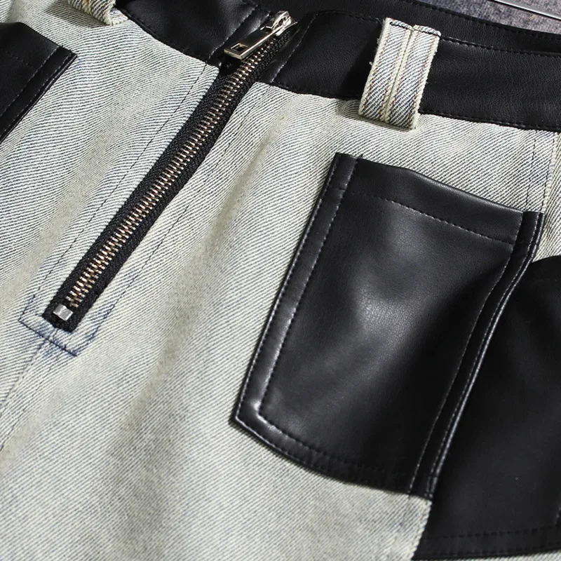 ANJY Autumn Winter New Women Unique Patchwork PU Leather Color-Block Jeans Street Style Loose Washed Straight Denim Pants A16568
