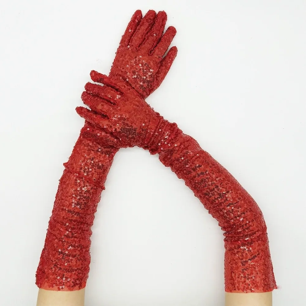 Sweet Solid Color Sequined Gloves Elastic Sparkly Glittering Gloves 60cm Long Masquerades Party Mittens Lady