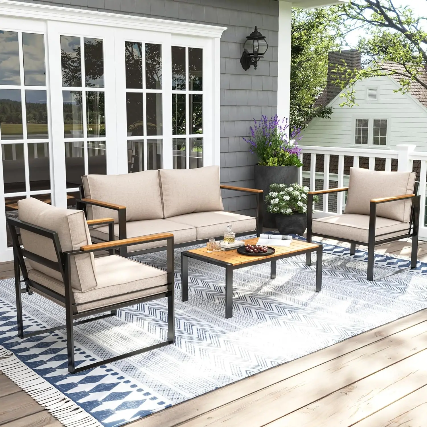

Modern 4-Piece Metal Outdoor Patio Conversation Set w/Coffee Table, Beige Washable High-Resiliency Sponge Cushions